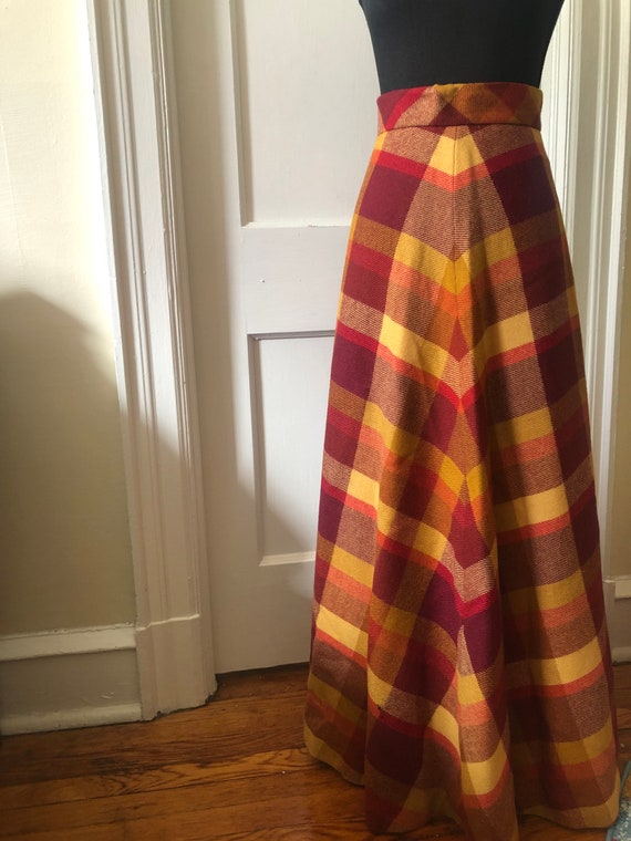 60s/70s Wool A-Line Plaid Maxi Skirt - image 1