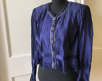 Vintage 1980s Metallic Blue Cropped Accordion Pleated  Blouse by Jeanne Marc