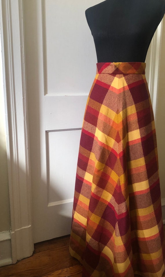 60s/70s Wool A-Line Plaid Maxi Skirt - image 2
