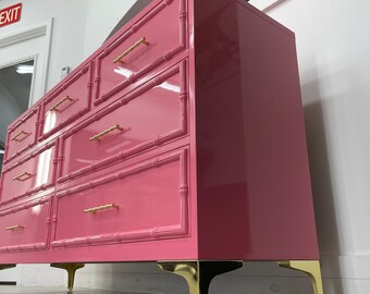 SOLD True Pink Is! 7 Drawers Faux Bamboo Dresser - Hollywood Regency Coastal Living Furniture