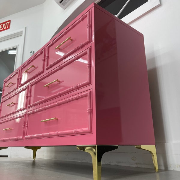 SOLD True Pink Is! 7 Drawers Faux Bamboo Dresser - Hollywood Regency Coastal Living Furniture