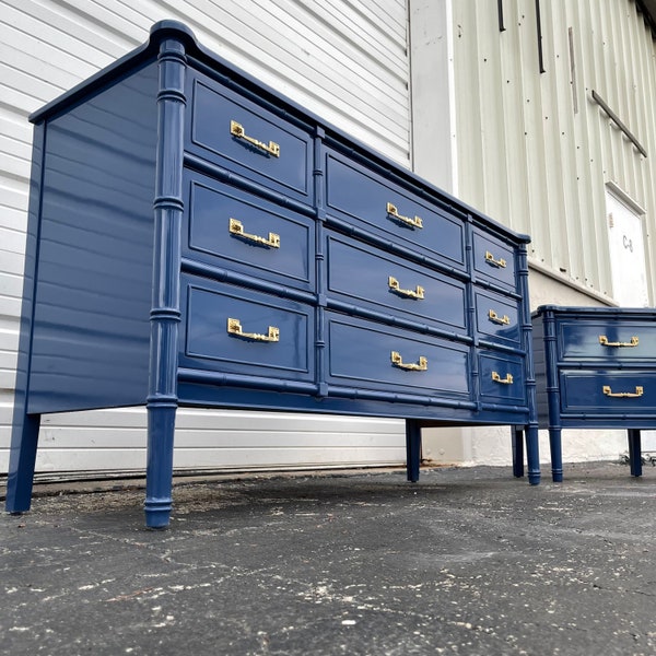 SOLD Sample only  Henry Link Bali Hai Dresser 9 Drawer - Finished In COMMODORE LACQUER Color Paint- Faux Bamboo Hollywood Regency