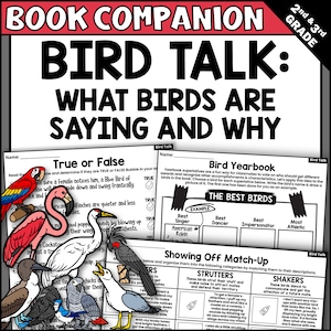 May include: A colourful worksheet for children to learn about bird sounds and behaviours. The worksheet features illustrations of different birds, including a bluebird, a cardinal, a flamingo, a cockatoo, a seagull, and a crow. The worksheet includes activities such as true or false questions, a bird yearbook, and a matching game.