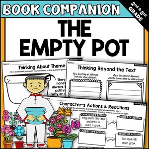 May include: A worksheet titled "The Empty Pot" for 2nd and 3rd grade. The image features a sad cartoon character holding an empty pot, surrounded by colorful flowers. The worksheet includes sections for theme analysis and character actions.