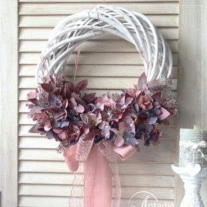 Hydrangea pink wreath, wall decoration, front door wreath, spring wreath, 13in/30-35cm