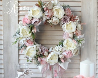 Shabby unique bright flower door wreath, wall decoration for modern interior, wedding decor, 30-35cm