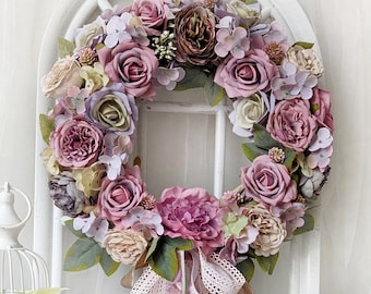 Corona de rosas coloridas para puerta, guirnalda de boda, decoración shabby chic (35 cm)