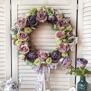 Vintage roses door wreath, beautiful purple flowers garland for shabby interiors, gift for woman, wedding wall decoration, 35-40cm image 1