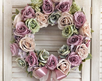 Corona de rosas pastel para puerta, decoración de boda shabby chic (35 cm)