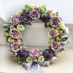 Vintage roses door wreath, beautiful purple flowers garland for shabby interiors, gift for woman, wedding wall decoration, 35-40cm image 2