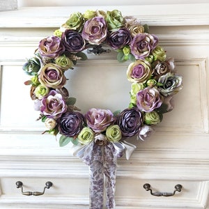 Vintage roses door wreath, beautiful purple flowers garland for shabby interiors, gift for woman, wedding wall decoration, 35-40cm image 3