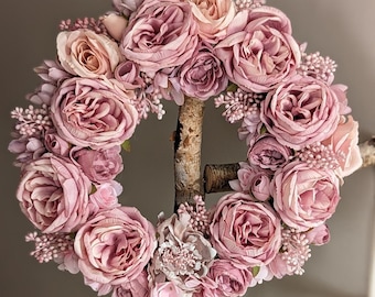 Corona floral rosa estilo shabby chic: guirnalda de flores artificiales de 35 cm
