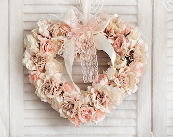 Corona floral de corazón, decoración de boda shabby chic, 35 cm