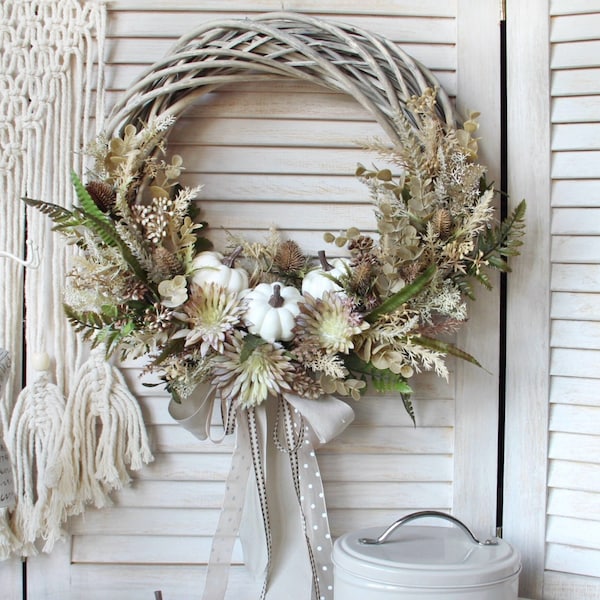 Door wreath with white pumpkins, fall garland for boho interior, beautiful gift for wife, Thanksgiving autumn decoration, 35-40cm