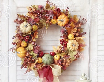 Corona de calabaza otoñal para puerta: colores vibrantes de otoño, decoración para Acción de Gracias (35 cm)