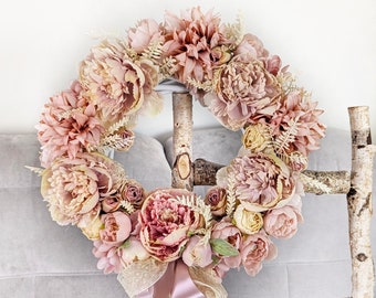 Belle couronne de pivoines pour porte, belle guirlande de fleurs pour intérieurs minables, cadeau pour femme, décoration murale de mariage, 35 cm