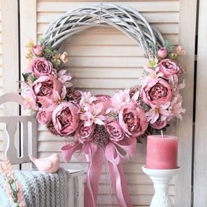 Pink peonies wreath, door wreath, pink handmade homedecor, wall decoration, 35-40cm