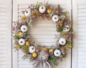 BIG fall door wreath with white and orange pumpkins, autumn garland, Thanksgiving wall decor, gift for mom, farmhouse decoration, 45cm