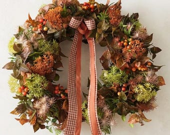 Corona de otoño para puerta principal con doble lazo / Decoración rústica de otoño / Arreglo floral artificial estilo granja de 40 cm