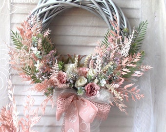 Pink medow wreath, door wreath, pink handmade homedecor, wall decoration, 13in/30-35cm