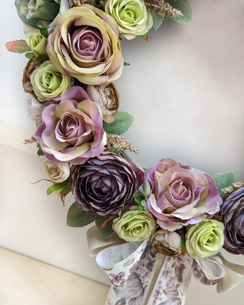 Vintage roses door wreath, beautiful purple flowers garland for shabby interiors, gift for woman, wedding wall decoration, 35-40cm image 4