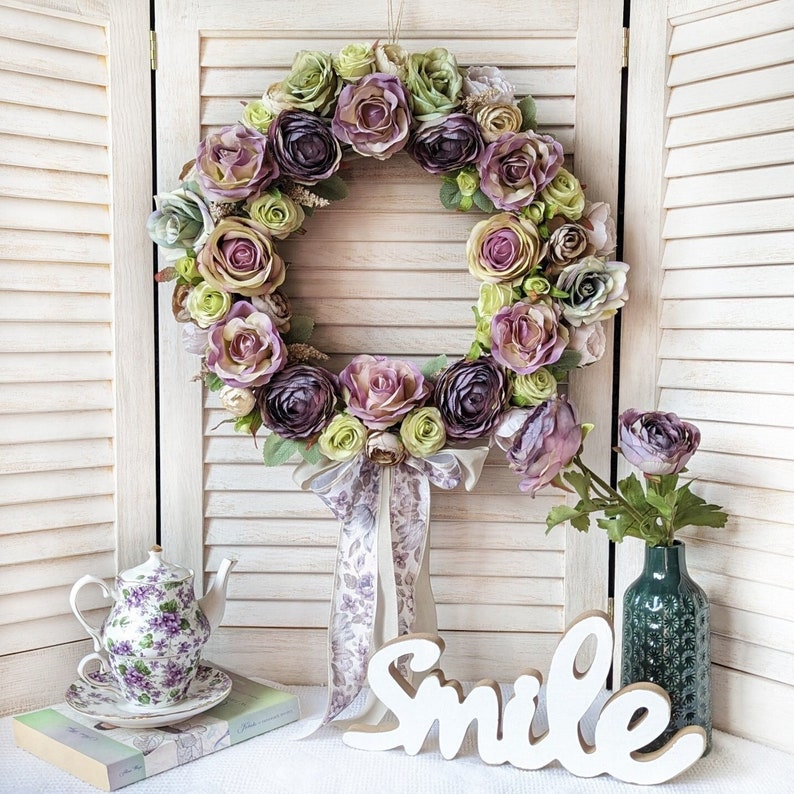 Vintage roses door wreath, beautiful purple flowers garland for shabby interiors, gift for woman, wedding wall decoration, 35-40cm image 1