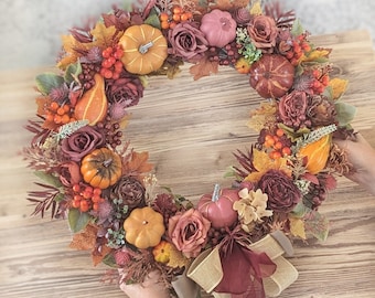 BIG Fall colorfull wreath with pumpkins, autumn garland, Thanksgiving party decoration, gift for mom, farmhouse decor, 45cm