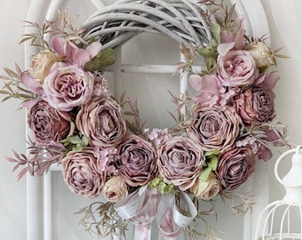 Corona vintage de rosas rosas: guirnalda para puerta en tonos pastel, decoración shabby chic, regalo de inauguración, 35 cm