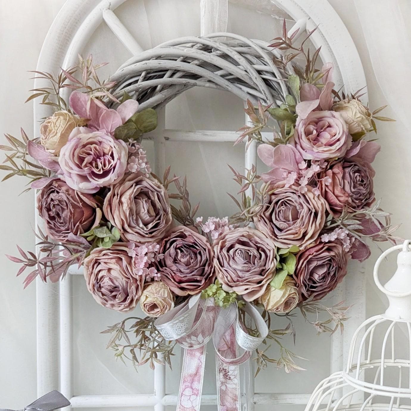 Vintage Pink Roses Wreath – Pastel Door Garland, Shabby Chic Home ...