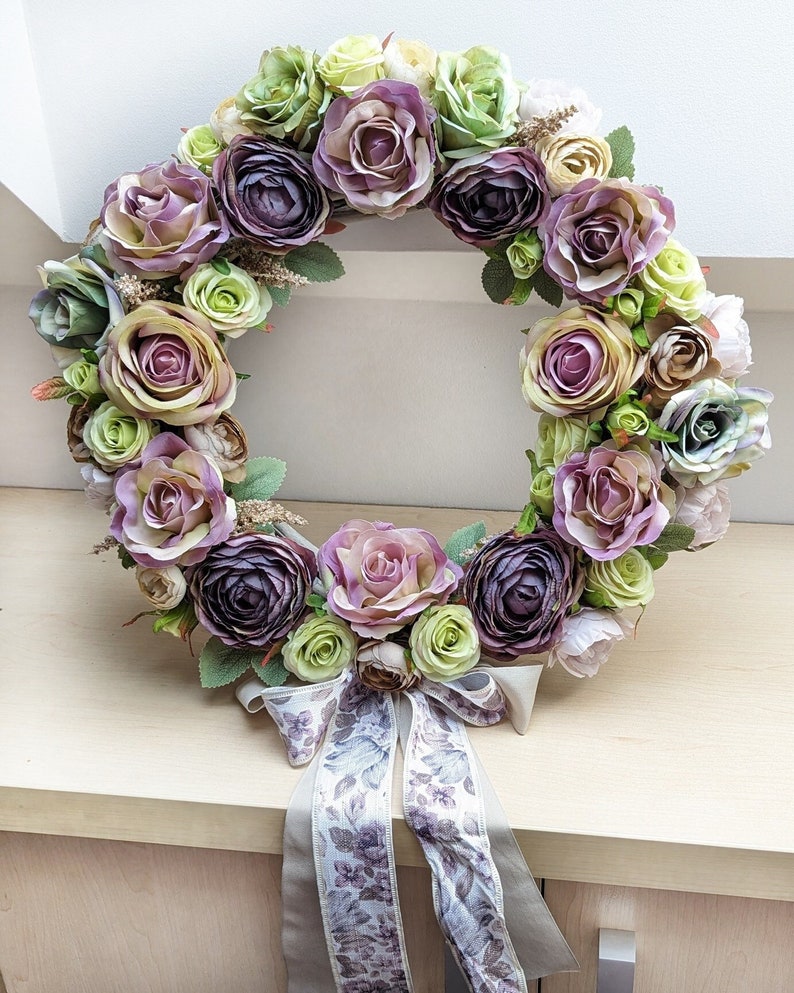 Vintage roses door wreath, beautiful purple flowers garland for shabby interiors, gift for woman, wedding wall decoration, 35-40cm image 2