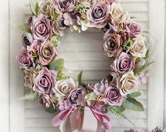 Colorful roses door wreath, beautiful flowers garland for modern interiors, gift for woman, wedding wall decoration, 35cm
