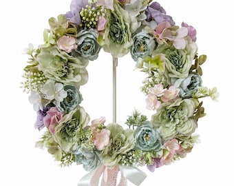 Corona de flores pastel, guirnalda floral de menta y lavanda, decoración shabby chic (35 cm)