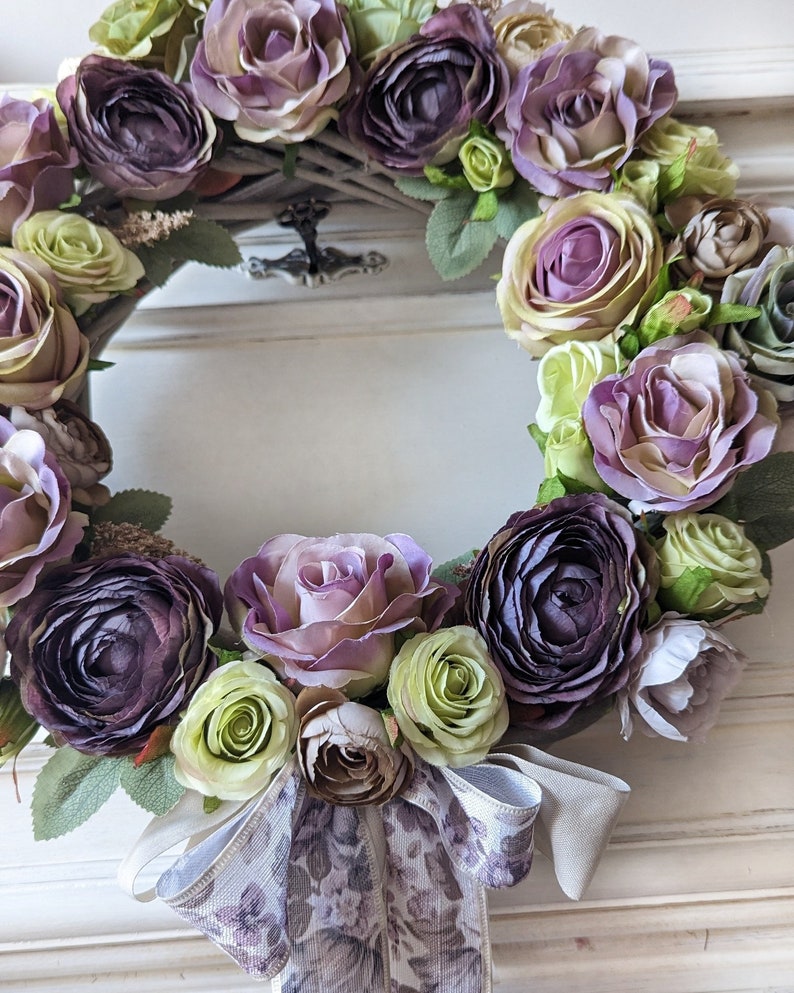 Vintage roses door wreath, beautiful purple flowers garland for shabby interiors, gift for woman, wedding wall decoration, 35-40cm image 6