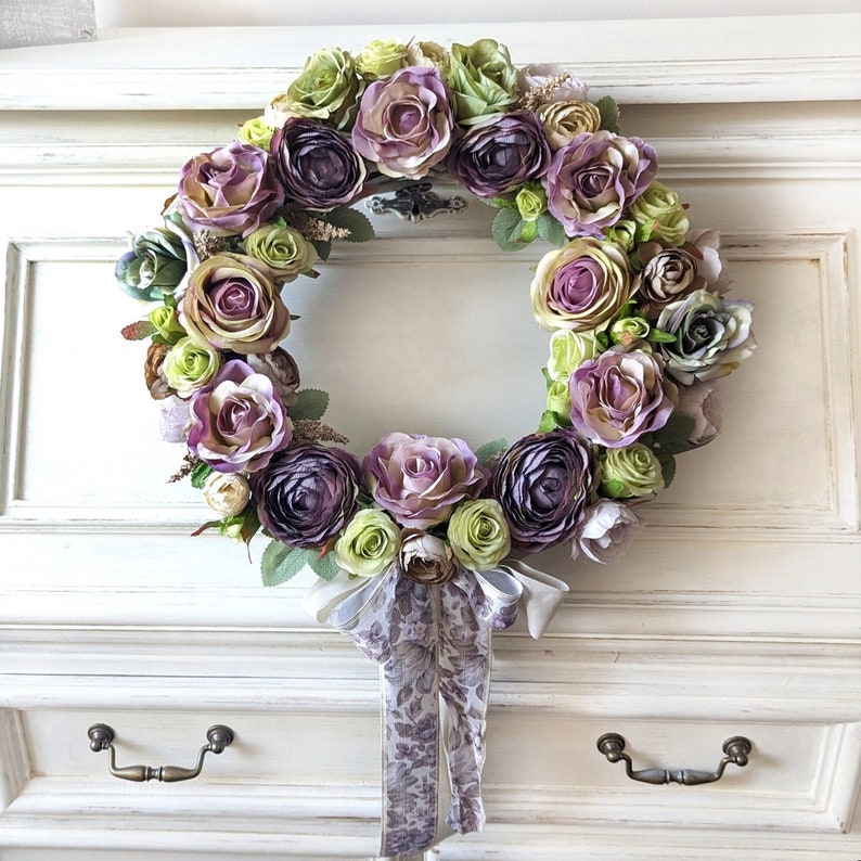 Vintage roses door wreath, beautiful purple flowers garland for shabby interiors, gift for woman, wedding wall decoration, 35-40cm image 3