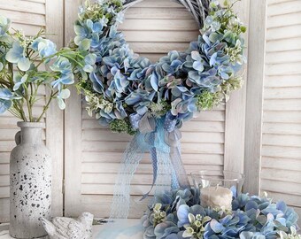 Juego de 2 coronas de hortensias azules, decoración floral shabby chic hecha a mano.