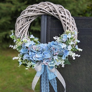 Baby Blue Hydrangea Door Wreath, Summer flowers Wall Decoration, Home Decor, Cottage Shabby Garland, gift for mother or friend,  14in/35cm