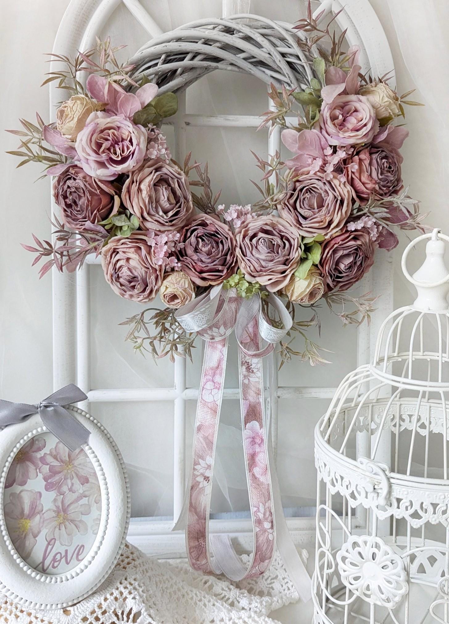Vintage Pink Roses Wreath – Pastel Door Garland, Shabby Chic Home ...