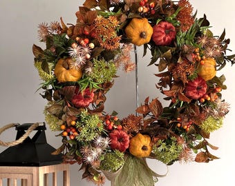 Corona otoñal para puerta principal, decoración de cosecha de otoño, corona rústica de calabaza de terciopelo con lazo de arpillera, decoración para el hogar de Acción de Gracias, 35-40 cm