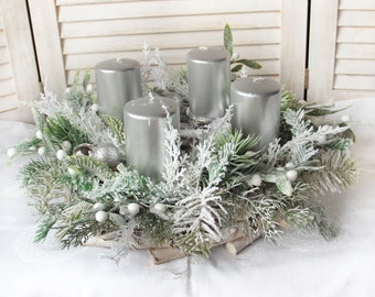 Silver advent wreath, Christmas table green decoration, unique modern candle holder, 35-40cm