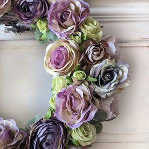 Vintage roses door wreath, beautiful purple flowers garland for shabby interiors, gift for woman, wedding wall decoration, 35-40cm image 5