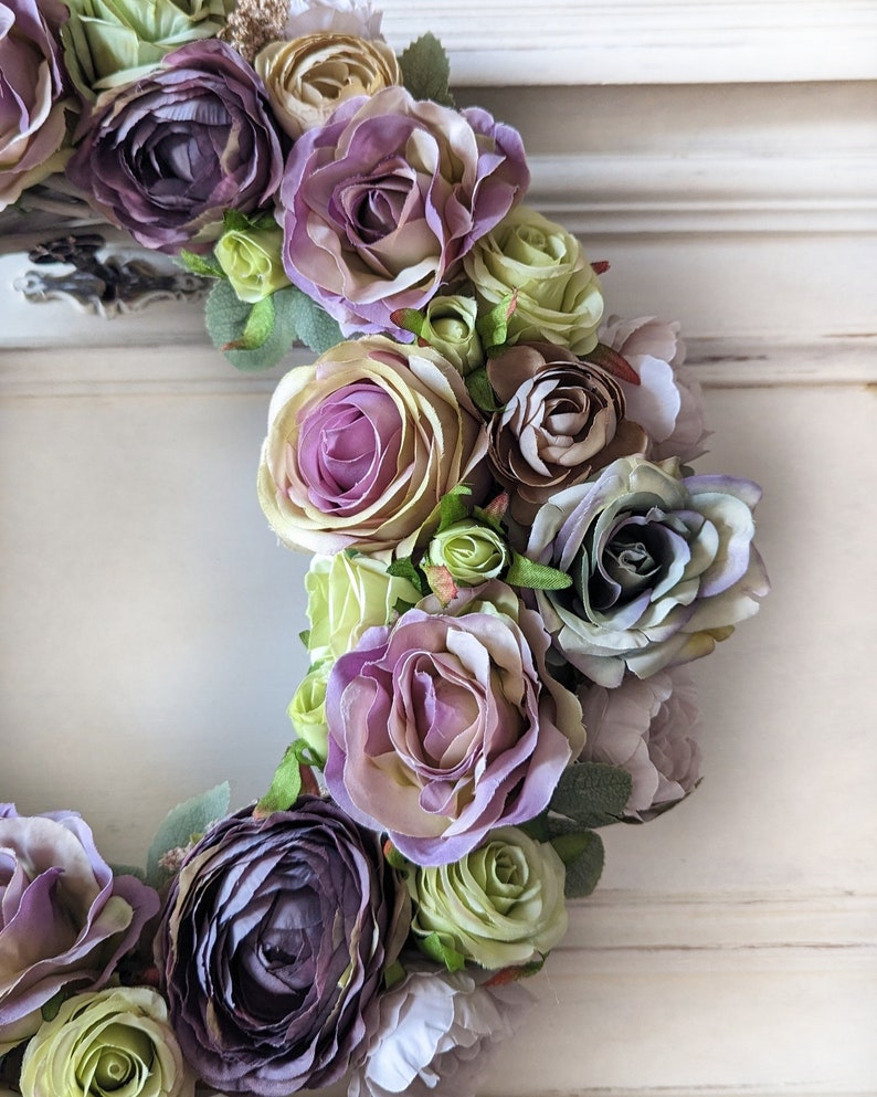 Vintage roses door wreath, beautiful purple flowers garland for shabby interiors, gift for woman, wedding wall decoration, 35-40cm image 5