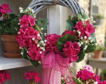 Corona de geranios fucsia / Guirnalda floral hecha a mano, decoración rústica estilo granja