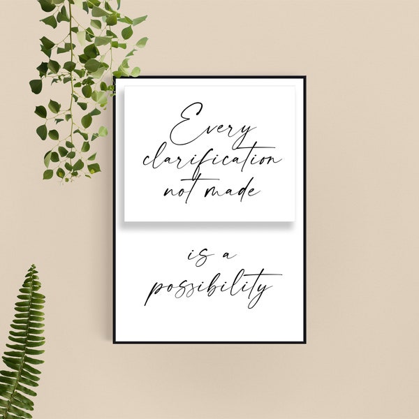 1 Piece Wall Art Printable Quote For Home and Office Decor, Every clarification not made is a possibility, Black and White Canvas Set.