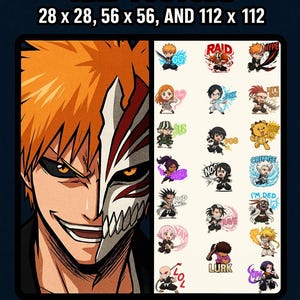 Puede incluir: Emoticones digitales para Twitch y YouTube, con personajes de estilo anime y texto. La imagen incluye varios tamaños de emoticonos: 28x28, 56x56 y 112x112. Los emoticonos incluyen "RAID", "HYPE", "GG", "LOVE", "RIP", "COO", "NO", "GRINGE", "RAVE", "I'M DED" y "LURK".