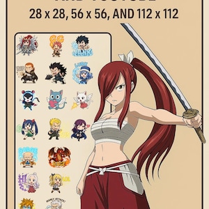May include: A promotional graphic for Twitch and YouTube emotes. The image features a selection of animated character emotes and a female anime character with red hair and a sword. Text at the top reads "EMOTES FOR TWITCH AND YOUTUBE" with size dimensions.