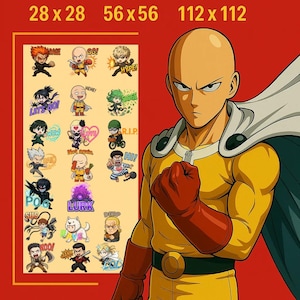 Könnte beinhalten: Roter Hintergrund mit dem Text „EMOTES FOR TWITCH AND YOUTUBE“ und Größenangaben. Das Bild zeigt eine Figur aus der Anime-Serie One-Punch Man und ein Raster verschiedener Emotes mit Text wie „RAGE“, „GG!“ und „HYPE“.