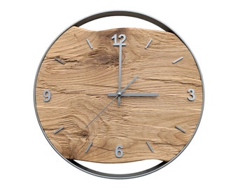 Modern handmade XXL stainless steel wall clocks made of chopped oak with steel ring, silent quartz clockwork, solid wood,