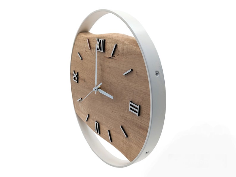 Handmade XXL wall clocks made of oak with steel ring, silent radio clock mechanism, solid wood, modern image 1