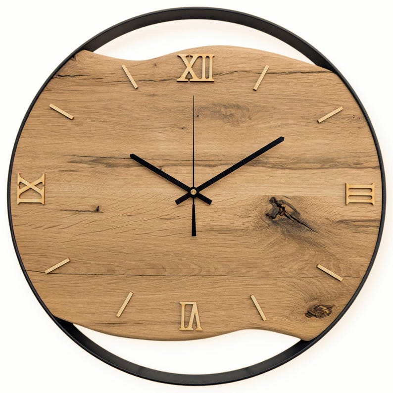 XXL wall clocks made of oak with steel ring, natural wood numbers, silent radio-controlled clockwork, solid wood image 5