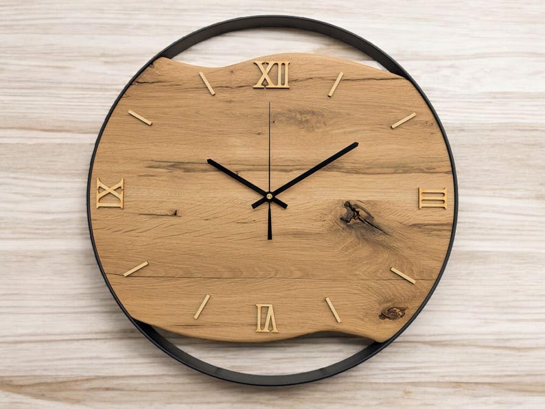 XXL wall clocks made of oak with steel ring, natural wood numbers, silent radio-controlled clockwork, solid wood image 2